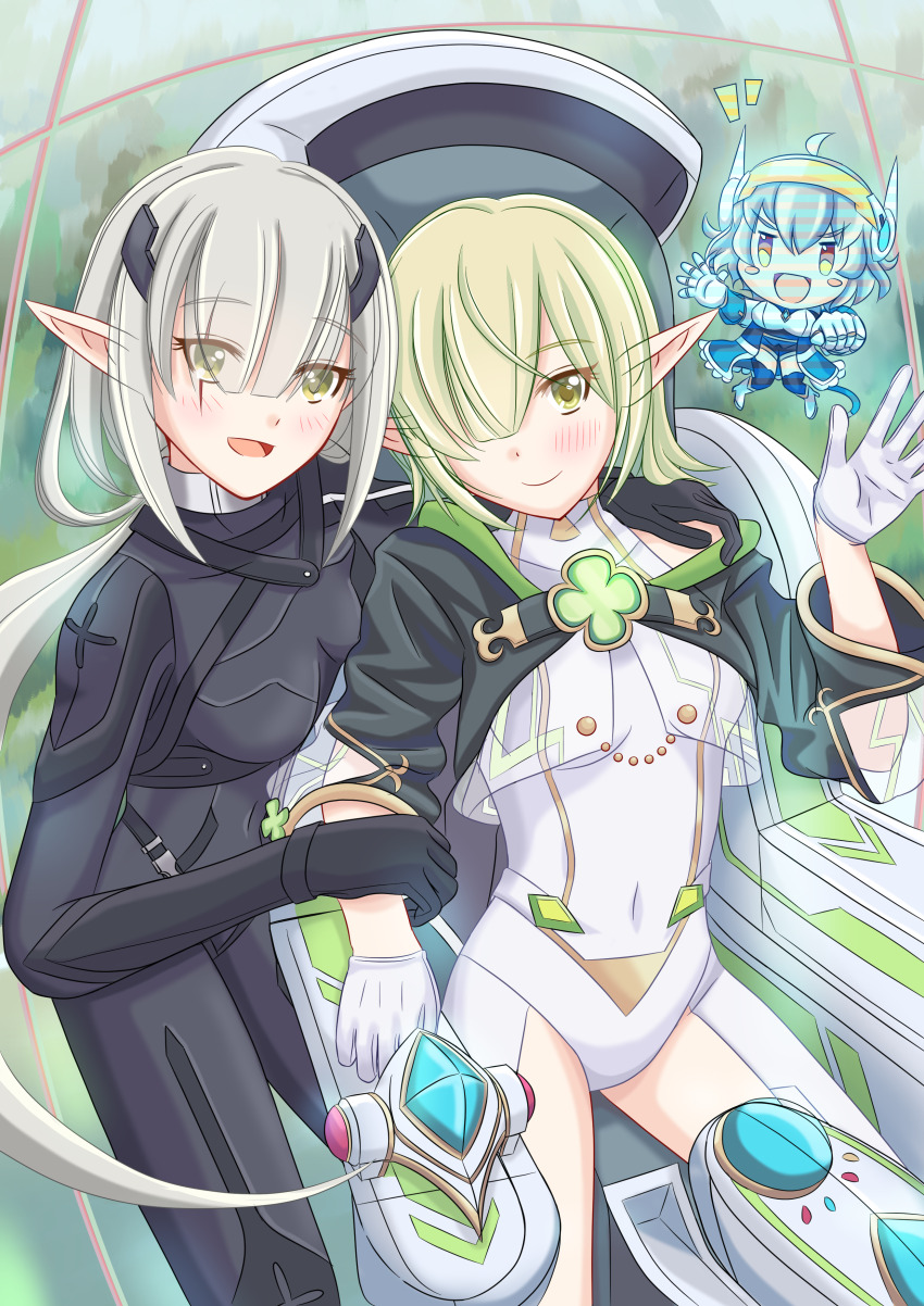 3girls, absurdres, aoi_(pilot)_(princess_connect!), aoi_(princess_connect!), black_bodysuit, bodysuit, breasts, capelet