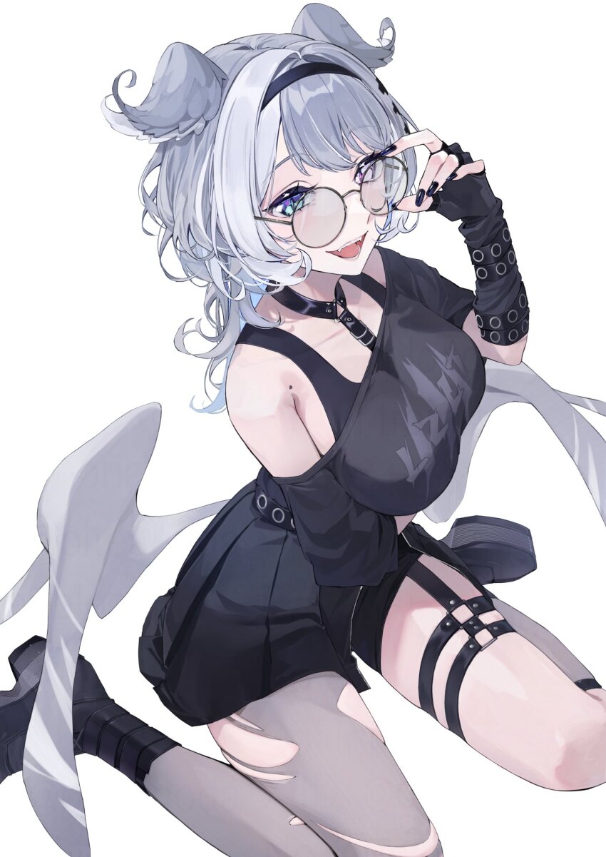 1girl, adjusting_eyewear, aqua_eyes, arm_under_breasts, black_hairband, black_nails, black_shirt, black_skirt