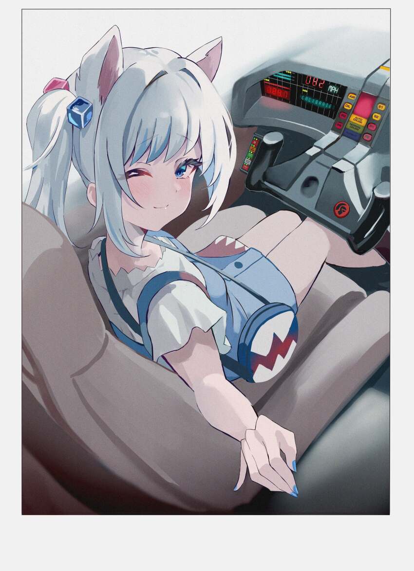 1girl, absurdres, animal_ears, blue_overalls, car, car_interior, cat_ears, control_yoke, from_above, gawr_gura, gawr_gura_(casual), highres, hololive, hololive_english, k.i.t.t, knight_2000, knight_rider, motor_vehicle, nail_polish, one_eye_closed, overalls, polaroid_photo, side_ponytail, smile, solo, virtual_youtuber, yato_(yama0x1)
