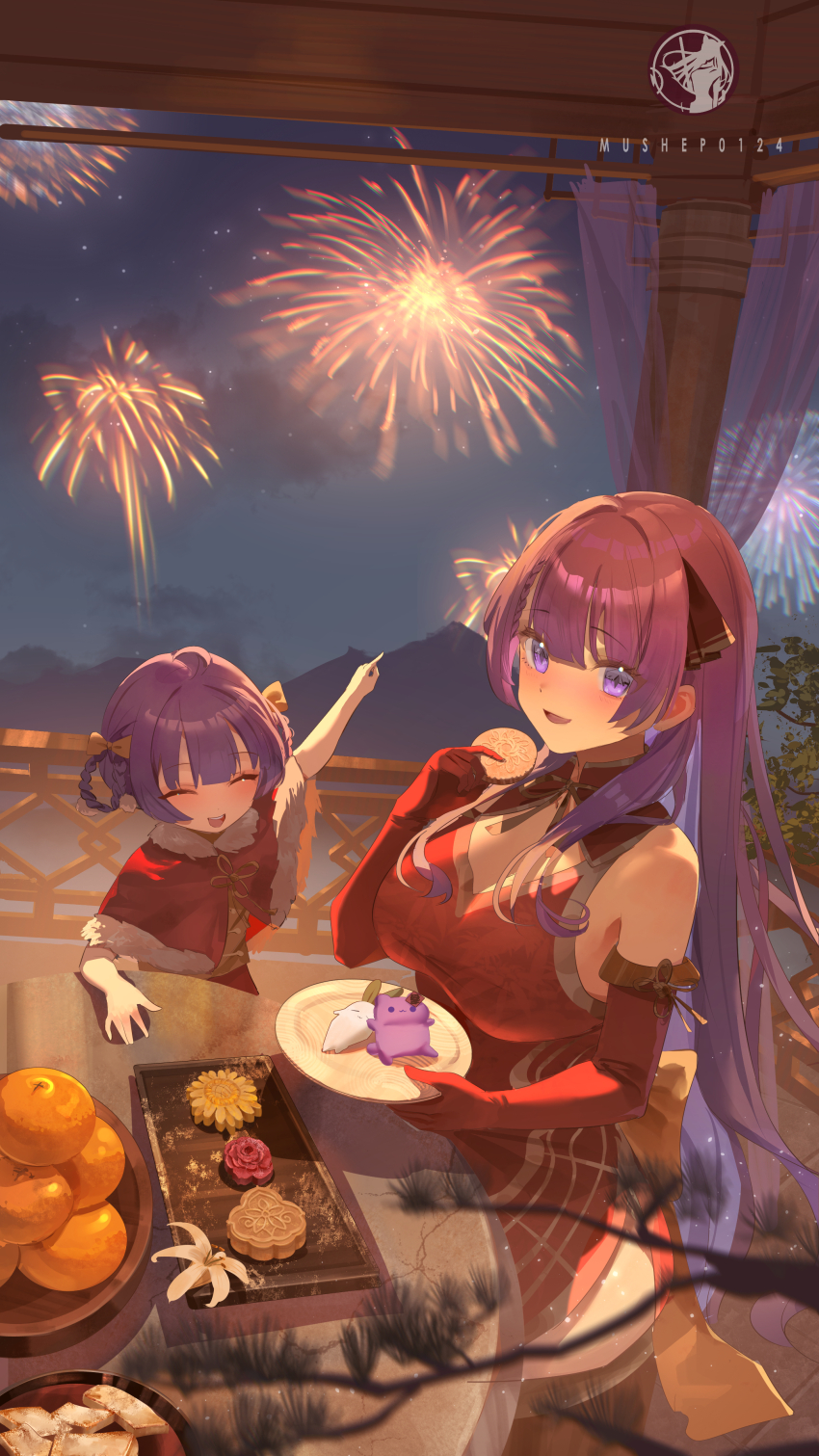 2girls, abroccoli, absurdres, aerial_fireworks, artist_logo, artist_name, bare_shoulders, braid
