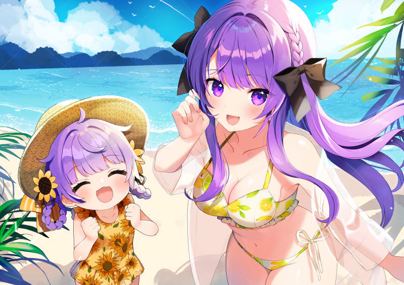 2girls, bare_shoulders, beach, bikini, blue_sky, braid, braided_hair_rings, breasts, cleavage, closed_eyes, cloud, floral_print, hair_rings, hat, indie_virtual_youtuber, jacket, long_hair, looking_at_viewer, medium_breasts, mother_and_child, mother_and_daughter, mountainous_horizon, multiple_girls, navel, open_mouth, otsuka_ray, parent_and_child, print_bikini, purple_eyes, purple_hair, reika_(otsuka_ray), sand, see-through_clothes, see-through_jacket, shinomiya_shino_(sinosino141), sky, sun_hat, sunflower_print, swimsuit, virtual_youtuber, water, white_bikini