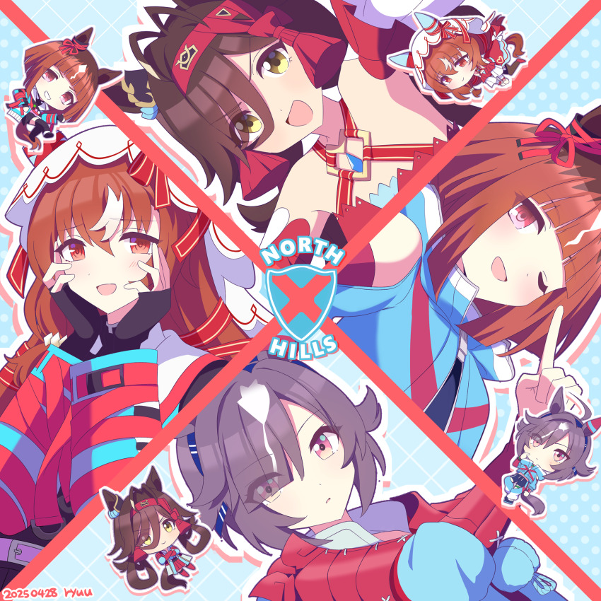 4girls, ahoge, alternate_costume, animal_ears, armor, believe_(purity)_(umamusume), believe_(umamusume), believe_(umamusume)_(cosplay)