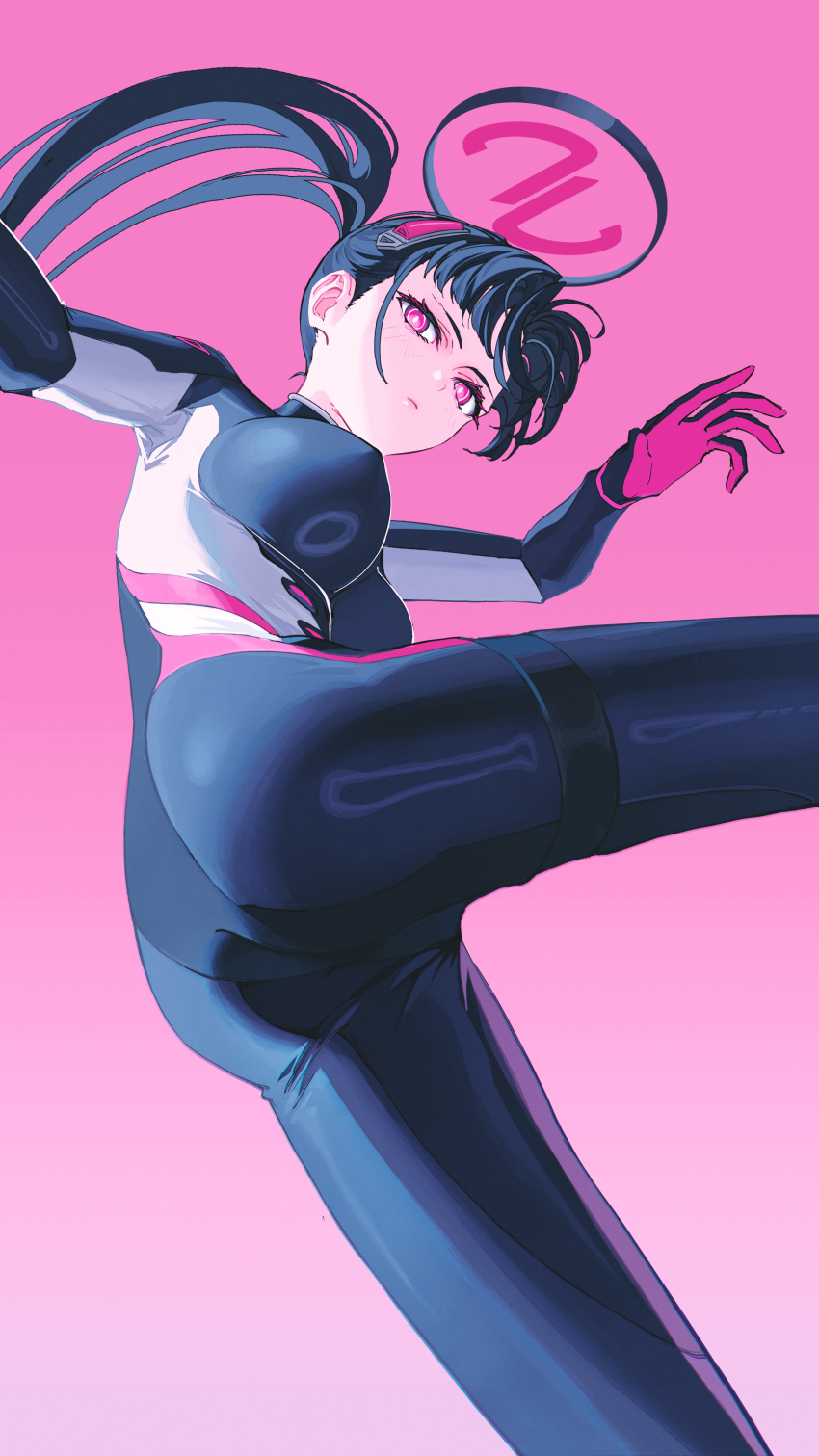 1girl, absurdres, ass, black_bodysuit, black_hair, blue_archive, bodysuit, breasts, closed_mouth, eironeus, from_below, halo, highres, impossible_bodysuit, impossible_clothes, large_breasts, latex, latex_bodysuit, leg_up, long_hair, looking_at_viewer, official_alternate_costume, ponytail, red_eyes, rio_(blue_archive), rio_(armed)_(blue_archive), simple_background, skin_tight, solo, standing, very_long_hair