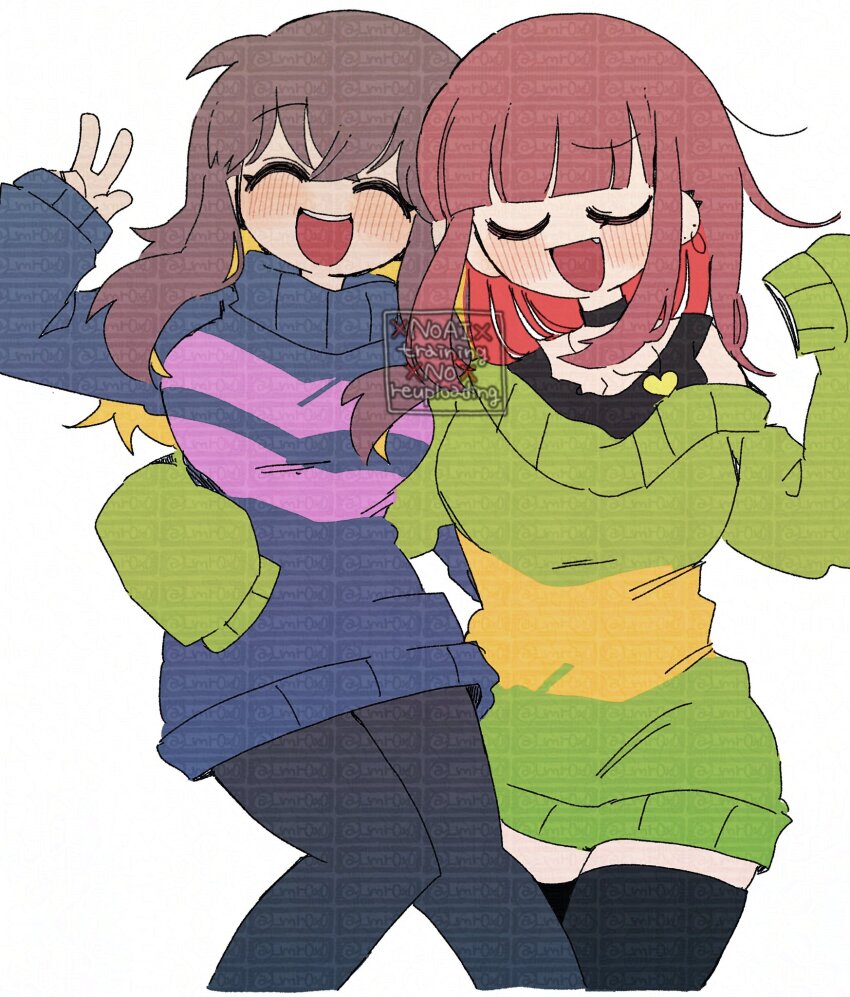 2girls, :d, adversarial_noise, black_choker, black_pantyhose, black_shirt, black_thighhighs, blue_sweater