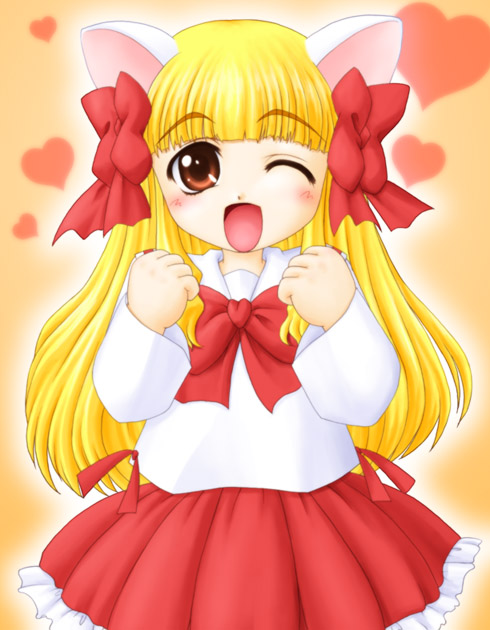 amane_(funfun), animal_ears, blonde_hair, funfun, long_hair, one_eye_closed, pita_ten, ribbon