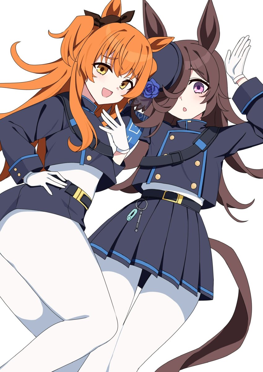 2girls, animal_ears, armband, belt, black_belt, black_hat, black_jacket, black_shorts