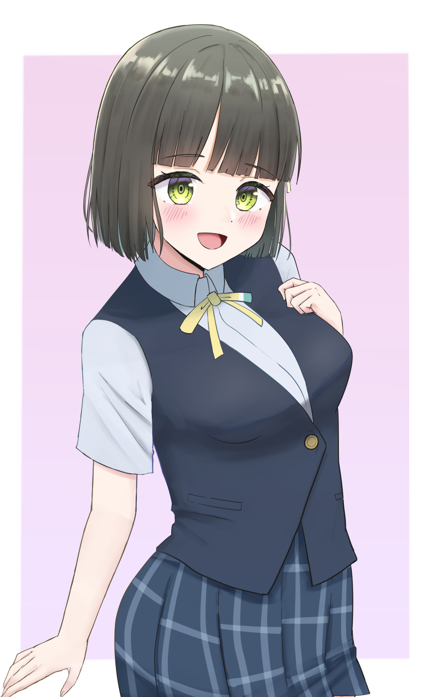 1girl, :d, absurdres, alternate_costume, black_hair, black_vest, blue_shirt, blue_skirt