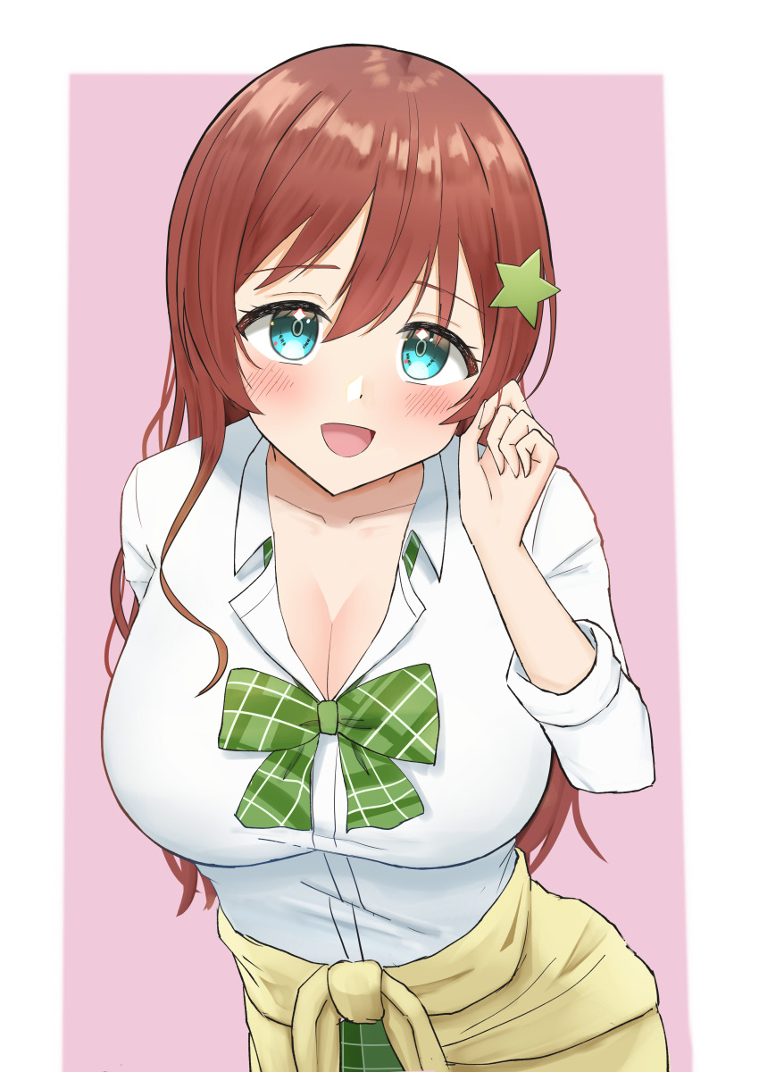 1girl, :d, absurdres, blue_eyes, blush, border, bow, bowtie