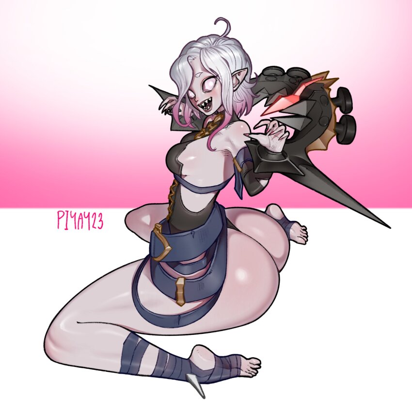 1girl, ahoge, ass, bound, bound_wrists, breasts, briar_(league_of_legends), chained_wrists, colored_sclera, colored_skin, fingernails, grey_hair, grey_skin, hair_between_eyes, highres, huge_ass, league_of_legends, looking_at_viewer, multicolored_hair, open_mouth, pillory, pink_hair, pink_sclera, piyay23, pointy_ears, sharp_fingernails, sharp_teeth, sidelocks, smile, solo, stirrup_legwear, teeth, toeless_legwear, two-tone_hair, vampire, white_eyes