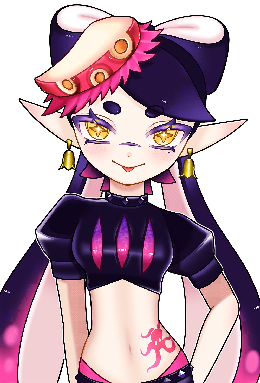 +_+, 1girl, :p, black_hair, black_shirt, blush, bow-shaped_hair, breasts