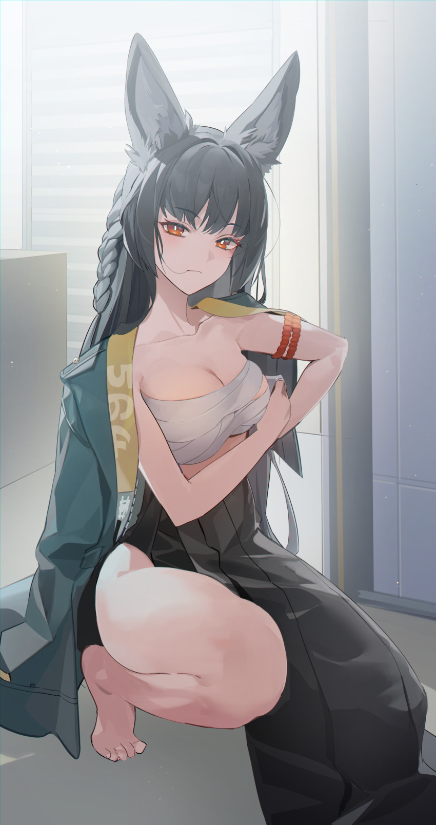 1girl, absurdres, animal_ears, bare_legs, barefoot, black_hair, black_skirt, breasts