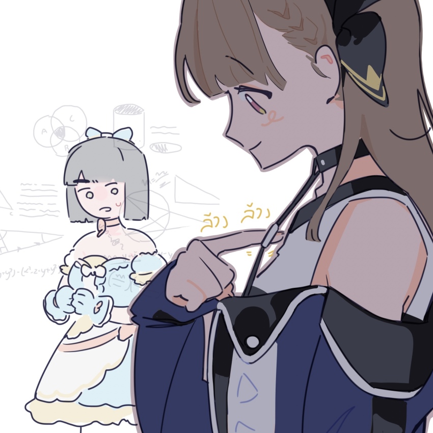 2girls, ampere_(love_live!), bare_shoulders, black_choker, black_dress, black_hair, black_hairband, blue_bow