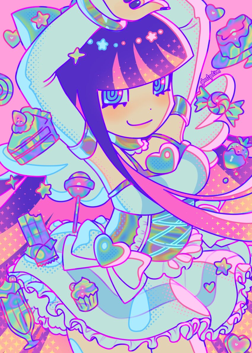 1girl, angel_wings, blue_eyes, blunt_bangs, breasts, cake, cake_slice, candy, cherry, chocolate, chocolate-covered_food, chocolate_bar, chocolate_strawberry, choker, colored_inner_hair, cupcake, dress, elbow_gloves, food, fruit, ghostpotion_art, gloves, heart, highres, hime_cut, lolita_fashion, lollipop, long_hair, looking_at_viewer, milkshake, multicolored_hair, panty_&amp;_stocking_with_garterbelt, pink_background, pink_hair, pudding, purple_hair, simple_background, small_breasts, smile, solo, standing, stocking_(psg), strawberry, streaked_hair, very_long_hair, white_dress, white_gloves, white_wings, wings