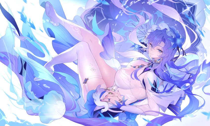 1girl, absurdres, asymmetrical_legwear, birthday_miaoke, blue_flower, breasts, cantarella_(wuthering_waves), commentary