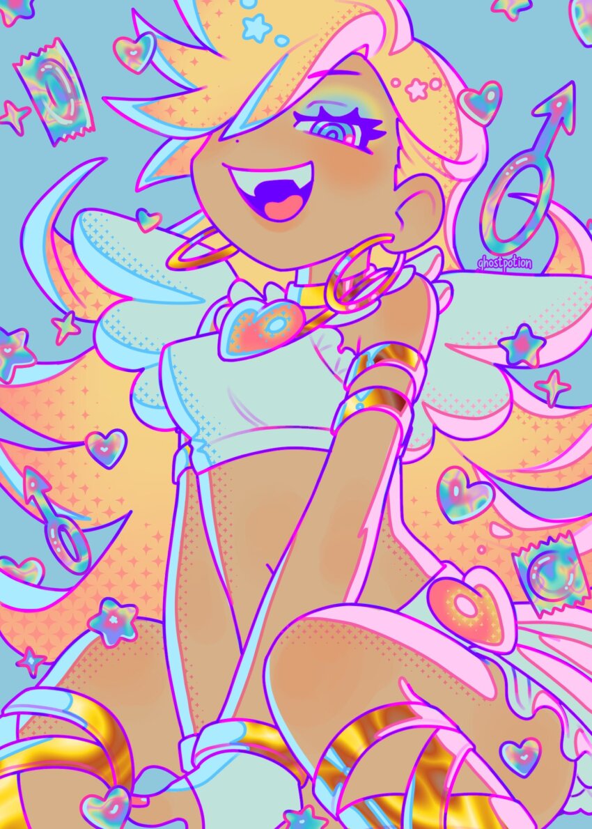 1girl, angel_wings, blonde_hair, blue_background, blue_eyes, blue_eyeshadow, breasts, choker, condom, condom_wrapper, crop_top, earrings, eyeshadow, ghostpotion_art, gold, gyaru, heart, highres, hoop_earrings, jewelry, long_hair, looking_at_viewer, makeup, mars_symbol, midriff, navel, open_mouth, panty_&amp;_stocking_with_garterbelt, panty_(psg), perky_breasts, simple_background, sitting, small_breasts, smile, solo, white_wings, wings