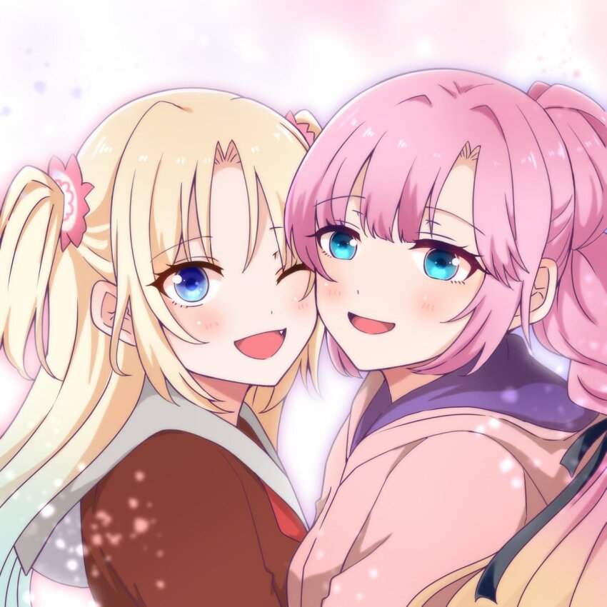 2girls, ;d, anyoji_hime, black_ribbon, blonde_hair, blue_hair, blush, brown_dress, commentary, curtained_hair, dress, fang, gradient_hair, grey_sailor_collar, gu_(soruto), hair_ribbon, hasu_no_sora_school_uniform, highres, hood, hooded_jacket, jacket, link!_like!_love_live!, long_hair, looking_at_viewer, love_live!, mira-cra_park!, multi-tied_hair, multicolored_hair, multiple_girls, neckerchief, one_eye_closed, open_mouth, osawa_rurino, outer_glow, parted_bangs, pink_background, pink_hair, pink_jacket, ponytail, red_neckerchief, ribbon, sailor_collar, sailor_dress, school_uniform, smile, twintails, two-tone_hair, upper_body, virtual_youtuber