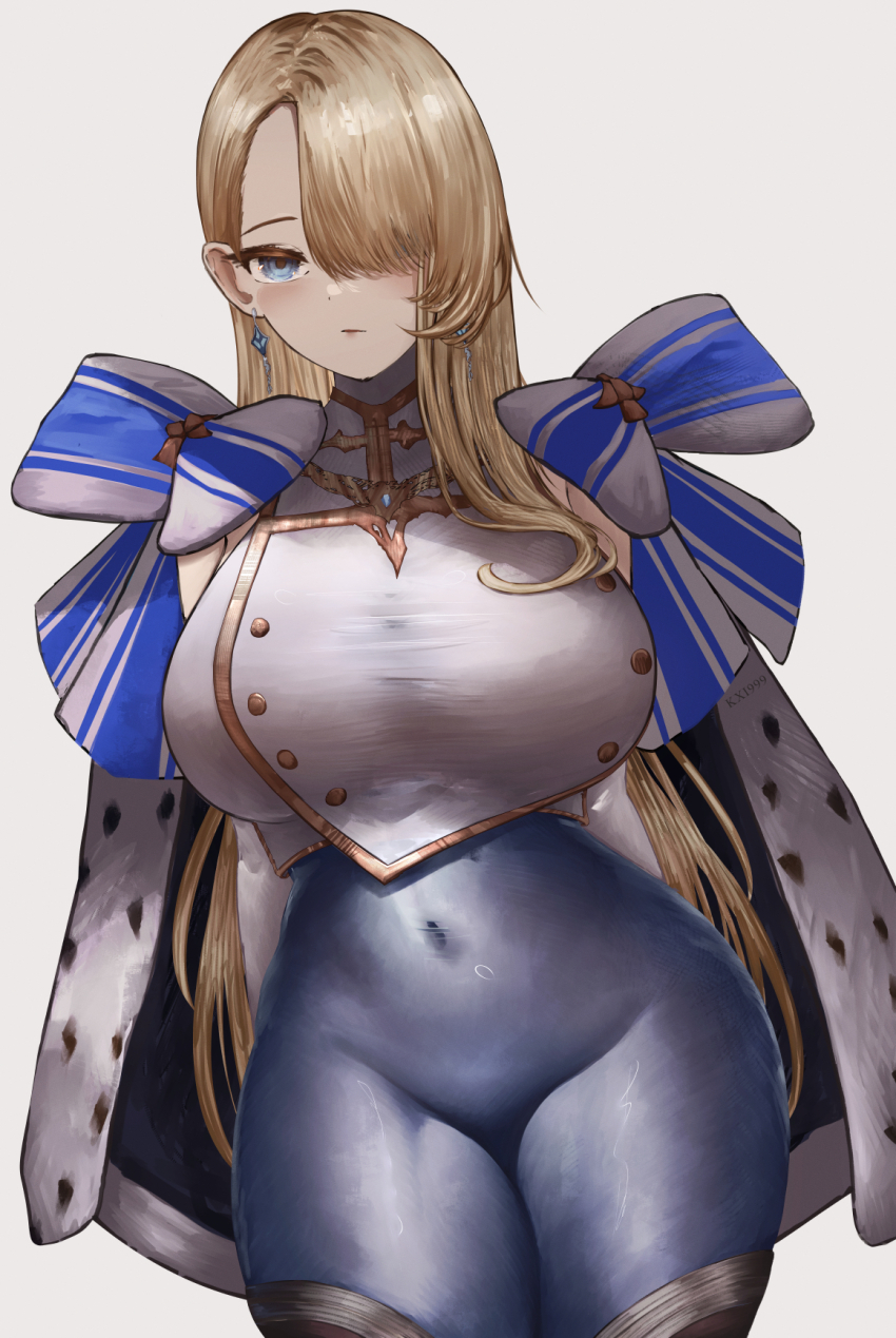 1girl, arms_behind_back, bare_shoulders, black_thighhighs, blonde_hair, blue_cape, blue_eyes, blush