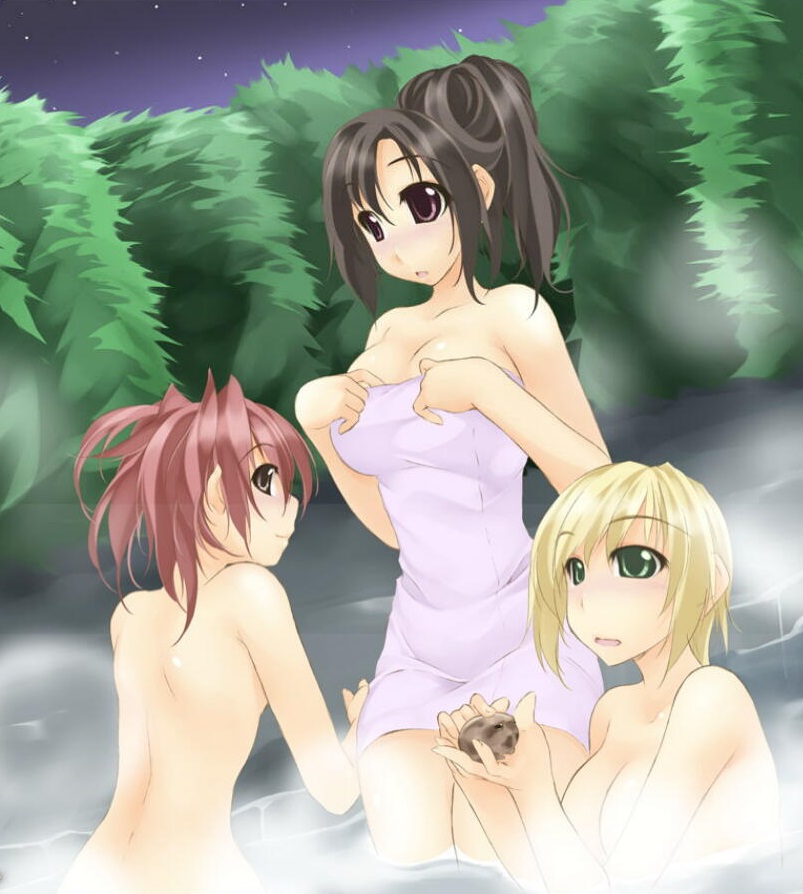 3girls, annette_harvey, atelier-moo, back, bare_shoulders, bathing, black_hair, blonde_hair