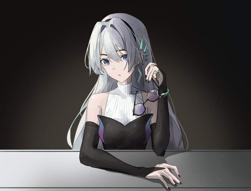 1girl, absurdres, bare_shoulders, black_background, black_dress, black_hairband, black_nails, bridal_gauntlets