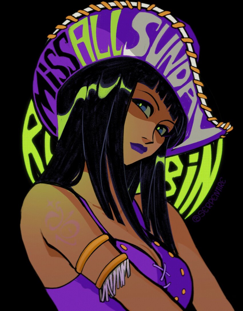 1girl, armlet, bare_shoulders, black_background, black_hair, blue_eyes, blunt_bangs, blunt_ends, character_name, closed_mouth, commentary, cowboy_hat, english_commentary, hat, highres, jewelry, looking_at_viewer, nico_robin, nico_robin_(whisky_peak), one_piece, purple_hat, purple_lips, purple_shirt, serpentire, shirt, solo, upper_body