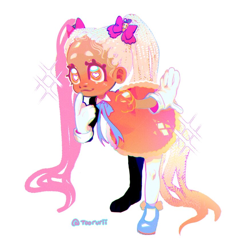 1girl, blonde_hair, blue_ribbon, blue_shoes, bow, braid, carrot_hair_ornament, child