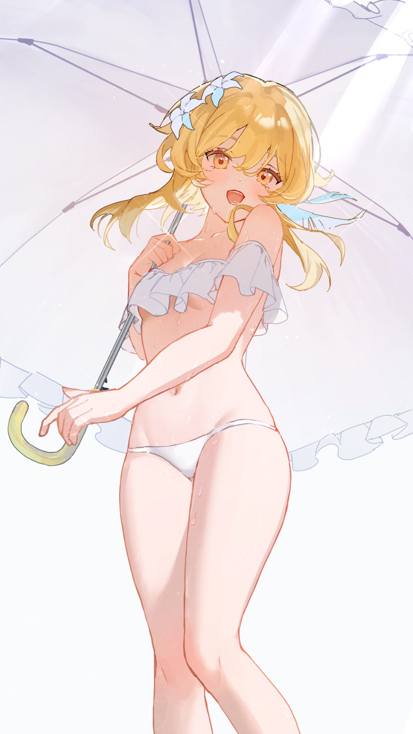 1girl, absurdres, alternate_costume, bare_shoulders, bikini, blonde_hair, breasts, commentary_request