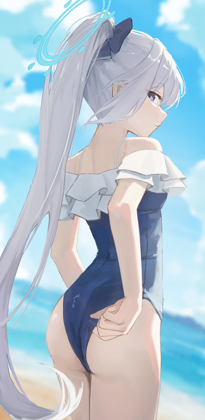 1girl, absurdres, animal_ears, ass, blue_archive, blue_halo, blue_one-piece_swimsuit, bow