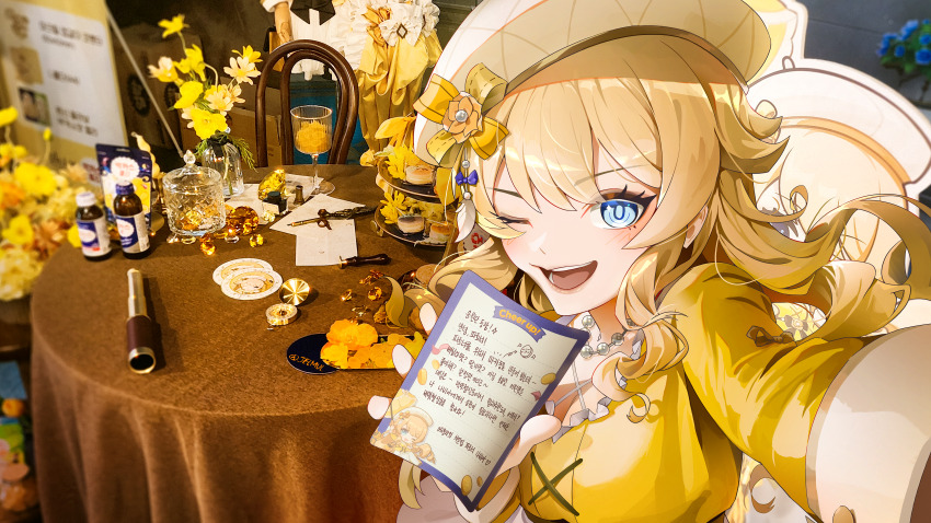 1girl, absurdres, alternate_costume, beret, blonde_hair, blue_eyes, commentary, frilled_shirt