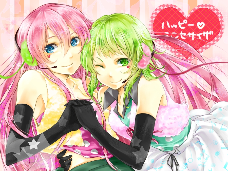 2girls, ;), alternate_costume, aqua_shirt, bare_shoulders, black_gloves, blue_eyes, closed_mouth