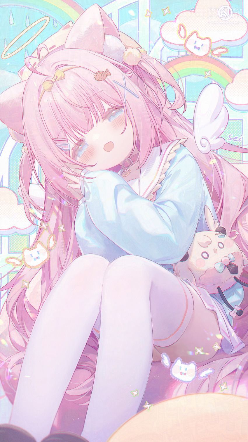 1girl, ahoge, animal_ear_fluff, animal_ears, bed, blue_eyes, blue_shirt, cat_ears