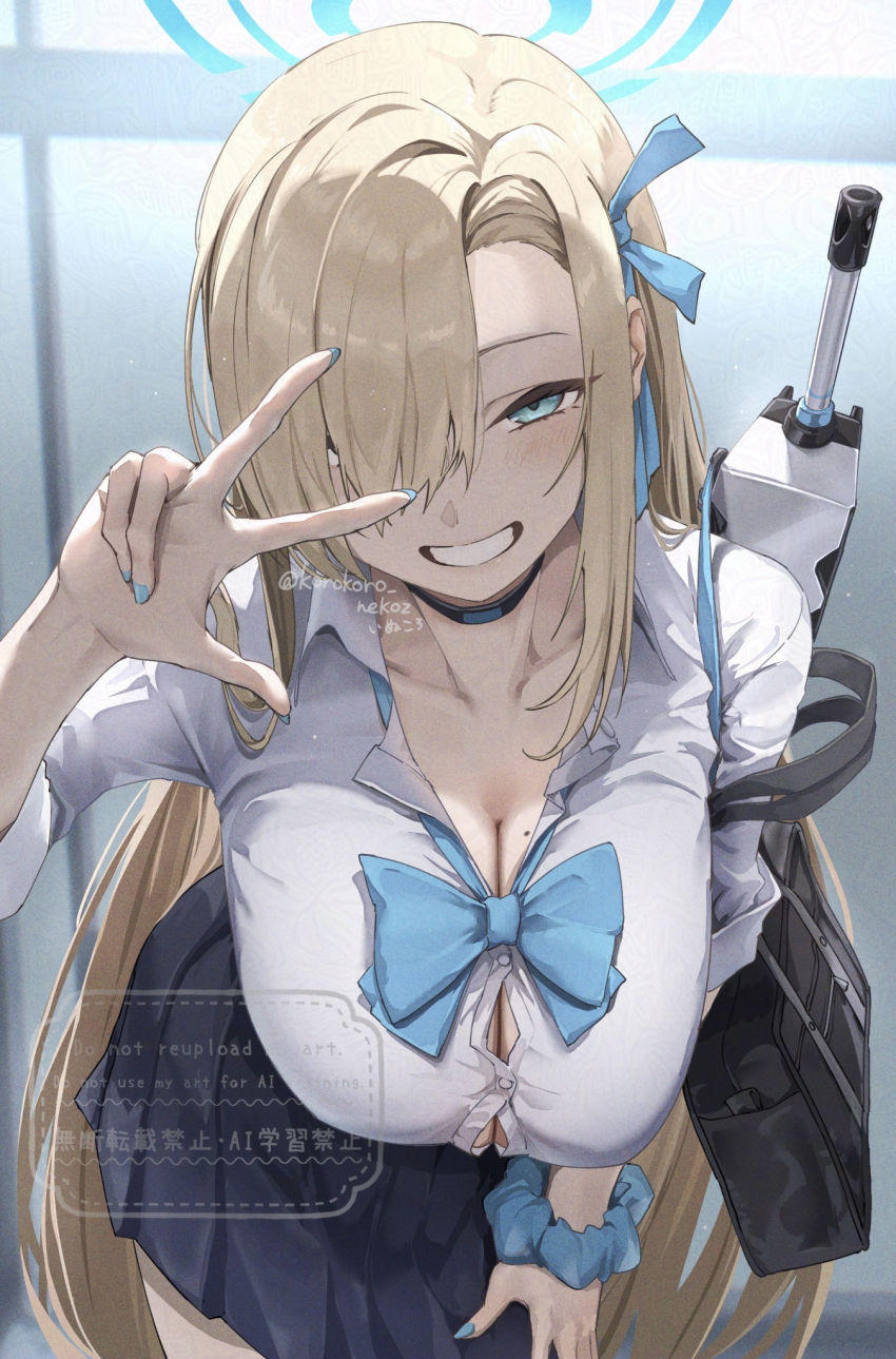 1girl, adversarial_noise, asuna_(blue_archive), asuna_(school_uniform)_(blue_archive), blue_archive, blue_bow, blue_bowtie, blue_eyes