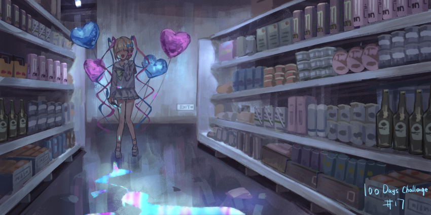 1girl, ^_^, absurdres, aisle, ankle_strap, balloon, blonde_hair, blood