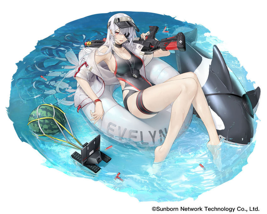1girl, ammunition, breasts, character_name, chinese_commentary, copyright_notice, evelyn_(neural_cloud), evelyn_(steel_shark_of_the_blue_sea)_(neural_cloud)