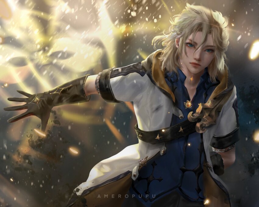 1boy, albedo_(genshin_impact), ameropupu, artist_name, belt, black_belt, black_gloves, black_pants