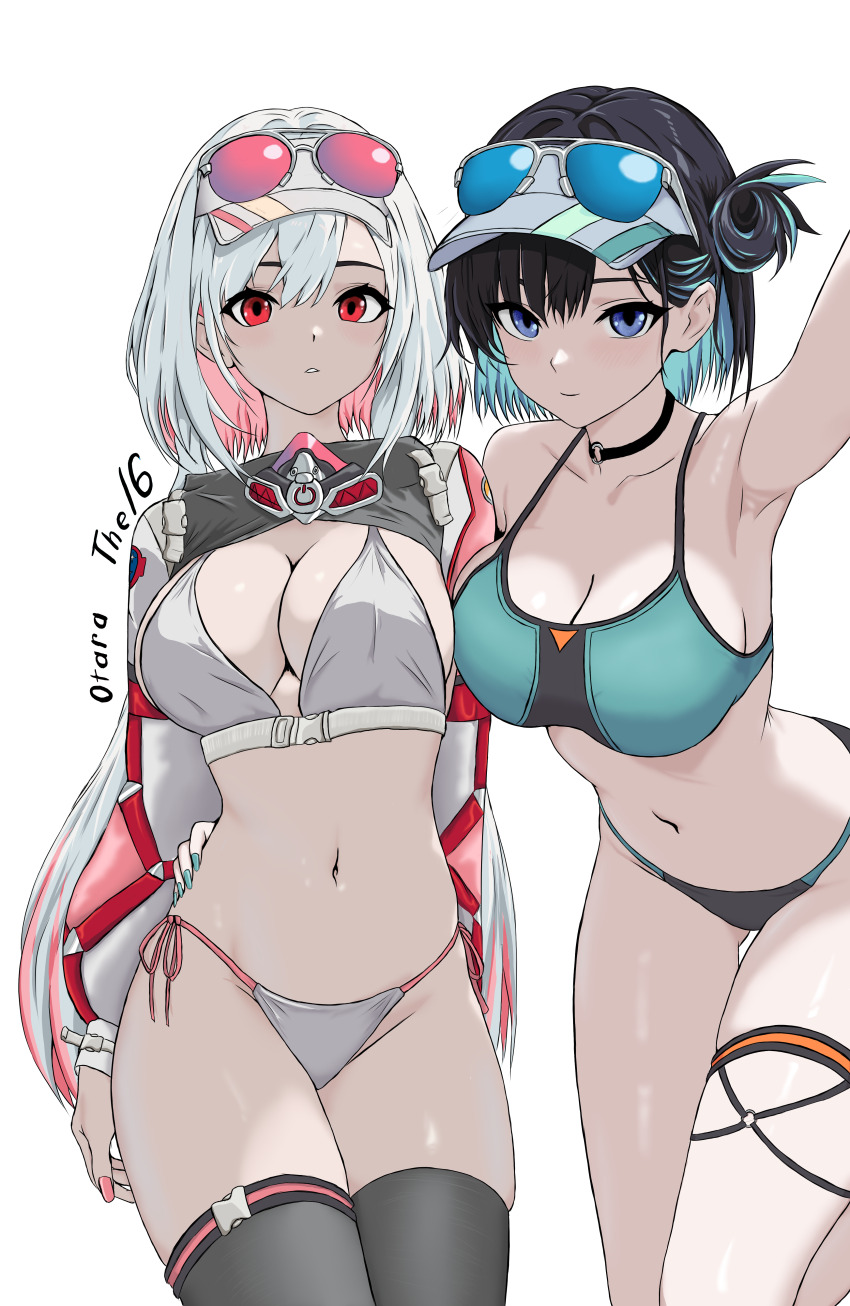 2girls, absurdres, bare_shoulders, bikini, black_choker, black_hair, black_survival, blue-tinted_eyewear, blue_bikini, blue_eyes, breasts, choker, cleavage, colored_inner_hair, debi_(black_survival), debi_(cotton_candy)_(black_survival), eternal_return:_black_survival, expressionless, eyewear_on_headwear, gas_mask, highres, holding, jacket, large_breasts, long_hair, long_sleeves, looking_at_viewer, low_twintails, marlene_(black_survival), marlene_(cotton_candy)_(black_survival), mask, mask_around_neck, multicolored_hair, multiple_girls, navel, official_alternate_costume, otara_the_16th, pink_hair, red_eyes, short_hair, smile, string_bikini, swimsuit, tinted_eyewear, twintails, two-tone_hair, visor_cap, white_bikini, white_hair