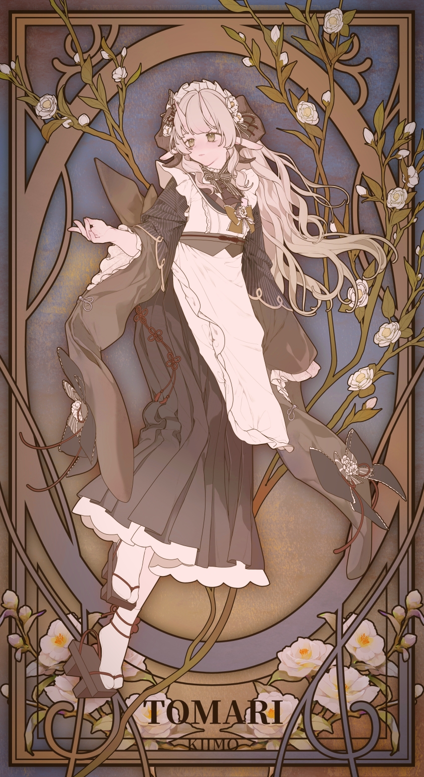 1girl, absurdres, animal_ears, apron, black_dress, blonde_hair, clogs, dress, english_text, flower, frilled_apron, frills, full_body, green_eyes, highres, horns, japanese_clothes, lao_muyu, long_sleeves, looking_at_viewer, maid, maid_apron, maid_headdress, original, sheep_horns, socks, solo, standing, wa_maid, white_apron, white_flower, wide_sleeves, yellow_eyes