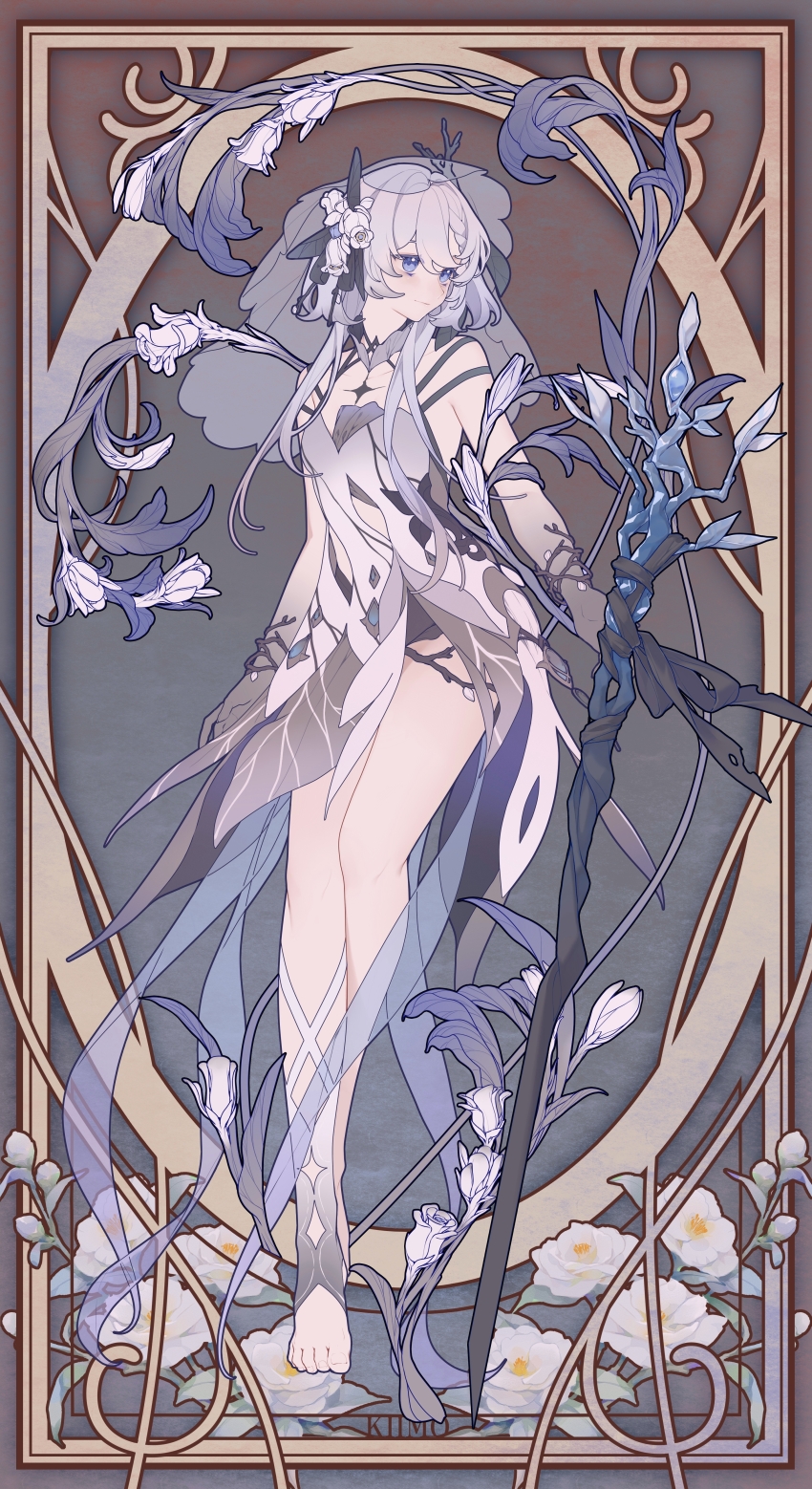 1girl, absurdres, barefoot, black_gloves, blue_eyes, braid, braided_bangs, dress, english_text, engrish_text, eyepatch, flower, full_body, gloves, grey_hair, hair_over_one_eye, highres, holding, holding_staff, holding_weapon, lao_muyu, long_hair, looking_at_viewer, original, ranguage, see-through_clothes, see-through_veil, solo, staff, standing, veil, weapon, white_dress, white_flower, white_hair