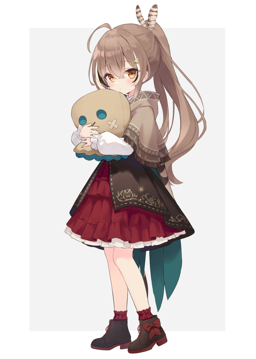 1girl, absurdres, aged_down, ahoge, aqua_cape, azuuru, blush, boots, brown_cape, brown_capelet, brown_cloak, brown_eyes, brown_hair, brown_vest, cape, capelet, cloak, embroidery, feather_hair_ornament, feathers, friend_(nanashi_mumei), frilled_skirt, frilled_sleeves, frilled_socks, frills, fringe-trimmed_capelet, fringe_trim, full_body, hair_ornament, hairclip, hieroglyphics, high-waist_skirt, highres, hololive, hololive_english, hood, hood_down, hooded_capelet, hugging_doll, hugging_object, layered_skirt, long_hair, looking_at_viewer, multicolored_hair, nanashi_mumei, nanashi_mumei_(1st_costume), ponytail, red_skirt, ribbon, shirt, skirt, socks, streaked_hair, stuffed_toy, two-sided_cape, two-sided_fabric, vest, virtual_youtuber, white_shirt