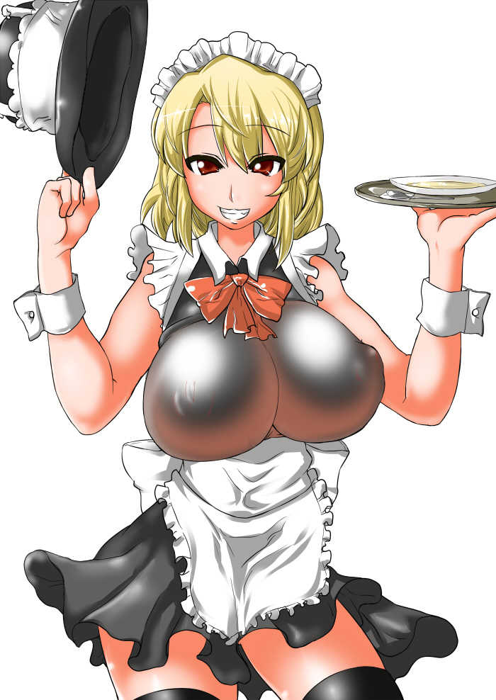1girl, apron, blonde_hair, bow, bowl, breasts, covered_erect_nipples, female_focus