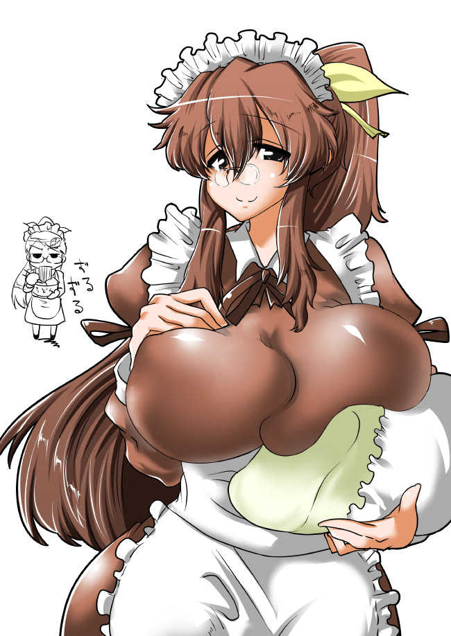 apron, black_eyes, bowl, breast_hold, breast_rest, breasts, brown_hair, chopsticks