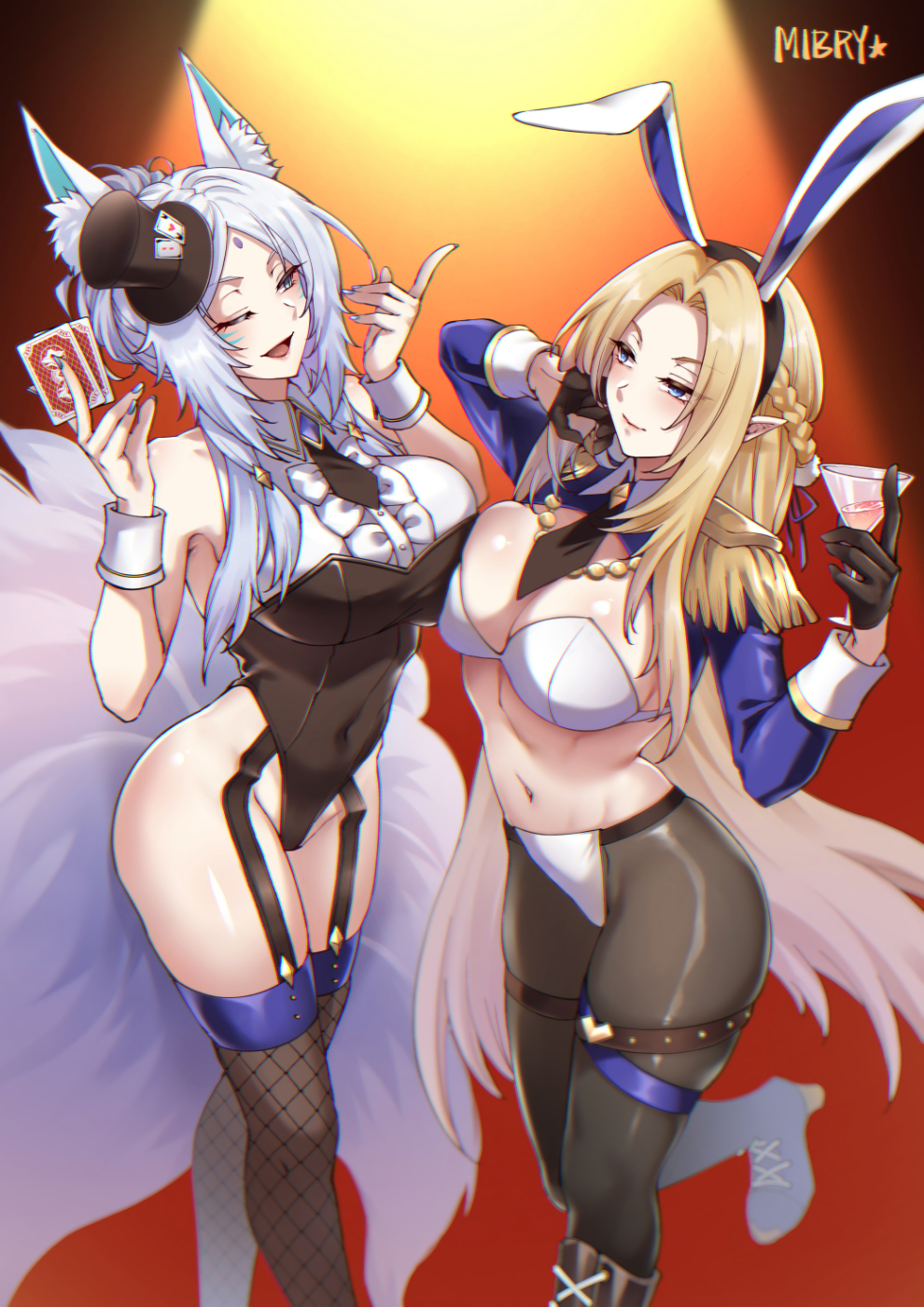 2girls, alpha_(kagejitsu), animal_ear_fluff, animal_ears, armpits, artist_name, asymmetrical_docking, black_gloves