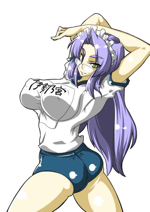 1girl, arms_up, ass, breasts, buruma, covered_erect_nipples, female_focus, glasses, green_eyes, gym_outfit, gym_uniform, headdress, large_breasts, long_hair, maid, maid_headdress, purple_hair, shirt, shisoworld, simple_background, solo, standing, white_background
