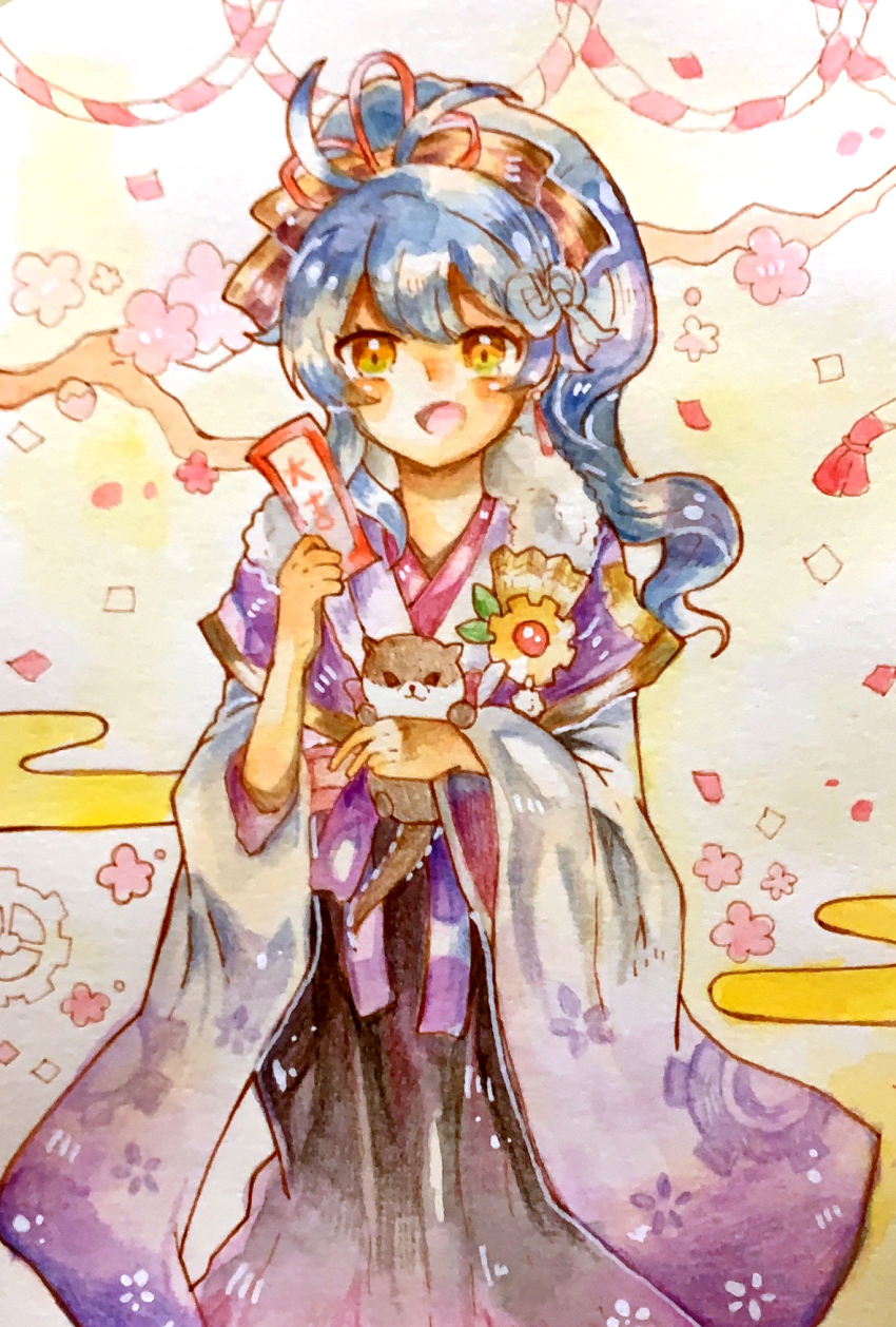 1girl, blue_hair, fire_emblem, fire_emblem_heroes, fur_trim, gold_trim, highres, holding