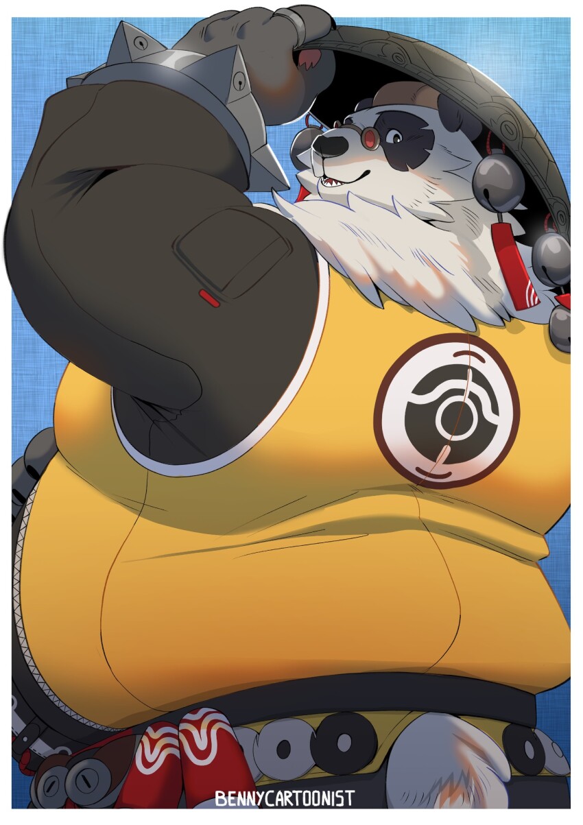 1boy, animal_ears, artist_name, bara, bell, bennycartoonist, black_fur, bracelet