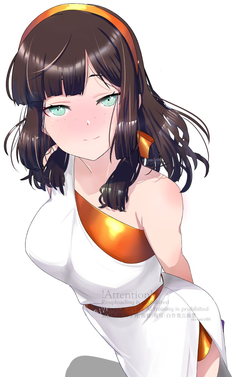 1girl, black_hair, blunt_bangs, dress, freckles, from_above, green_eyes, hair_ribbon, hairband, highres, kantai_collection, kimura_shiki, long_hair, looking_at_viewer, mogador_(anniversary)_(kancolle), mogador_(kancolle), official_alternate_costume, orange_hairband, orange_ribbon, ribbon, single-shoulder_dress, smile, solo, white_dress