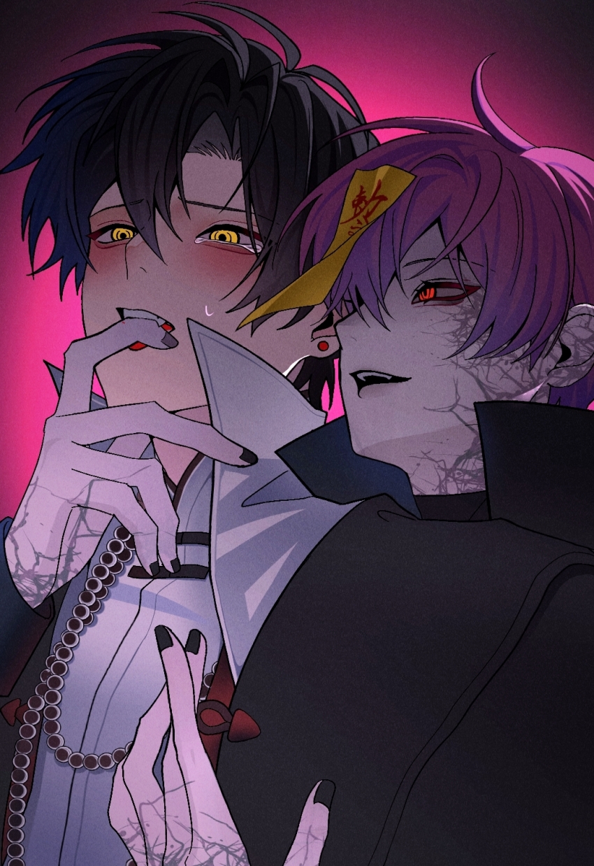 2boys, alternate_costume, bead_necklace, beads, biting, black_hair, black_jacket, black_nails, blush, cheng_xiaoshi, chinese_clothes, chinese_commentary, colored_skin, ear_piercing, earrings, fangs, finger_in_another's_mouth, fingernails, hair_between_eyes, halloween_costume, highres, hug, hug_from_behind, jacket, jewelry, jiangshi, li323213, li_tianchen, long_sleeves, male_focus, multiple_boys, nail_polish, necklace, ofuda, ofuda_on_head, open_mouth, pale_skin, piercing, pink_background, pink_hair, red_eyes, shiguang_dailiren, shirt, short_hair, smile, stitches, sweatdrop, talisman, tattoo, tears, teeth, upper_body, white_shirt, yaoi, yellow_eyes