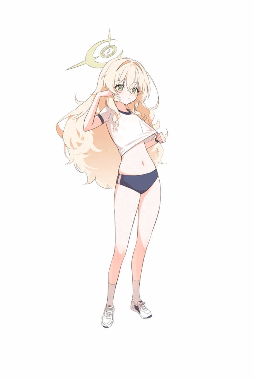 1girl, absurdres, alternate_costume, blue_archive, blue_buruma, buruma, clothes_lift, commentary