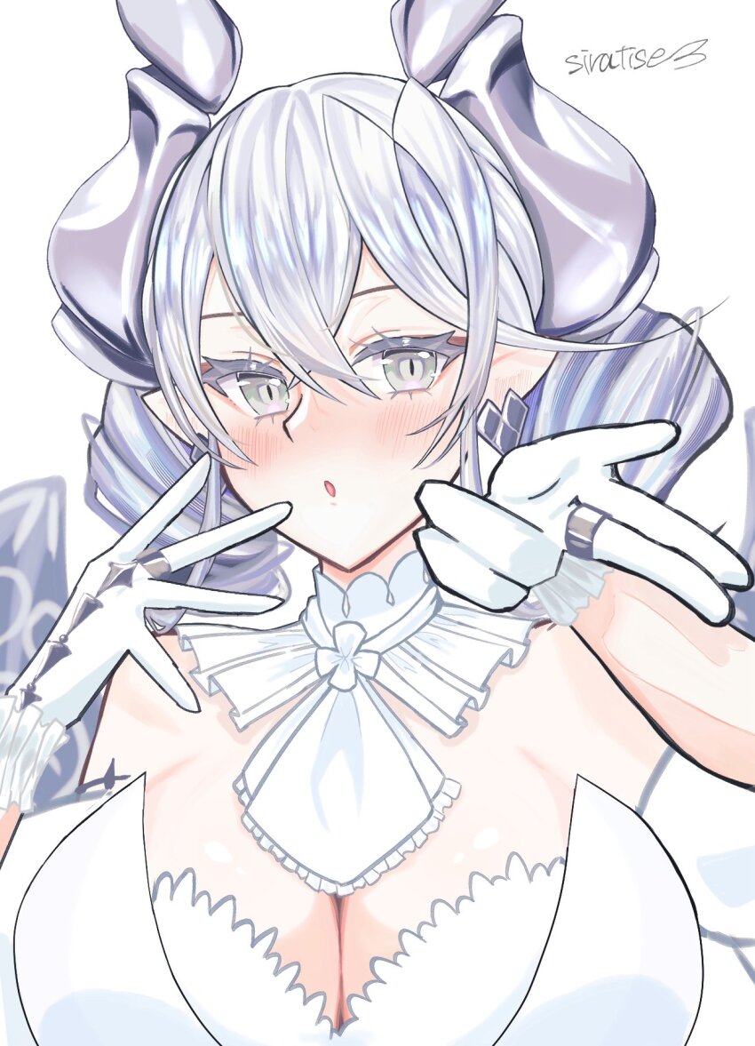 1girl, artist_name, blush, breasts, cleavage, demon_girl, demon_horns, demon_wings