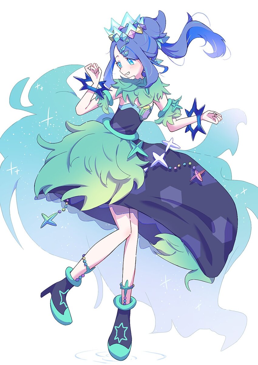 1girl, animal_ears, blue_eyes, blush, boots, bow, cosplay, crown, crystal, dress, earrings, eyelashes, full_body, gem, green_eyes, hair_bun, hair_ornament, highres, jewelry, liko_(pokemon), long_hair, looking_at_viewer, magical_girl, nintendo, open_mouth, pokemon, pokemon_(anime), pokemon_horizons, ponytail, precure, reference_sheet, ribbon, seiun_(hoshigumo_72), skirt, sprigatito, terapagos, terapagos_(stellar), unofficial_precure_costume