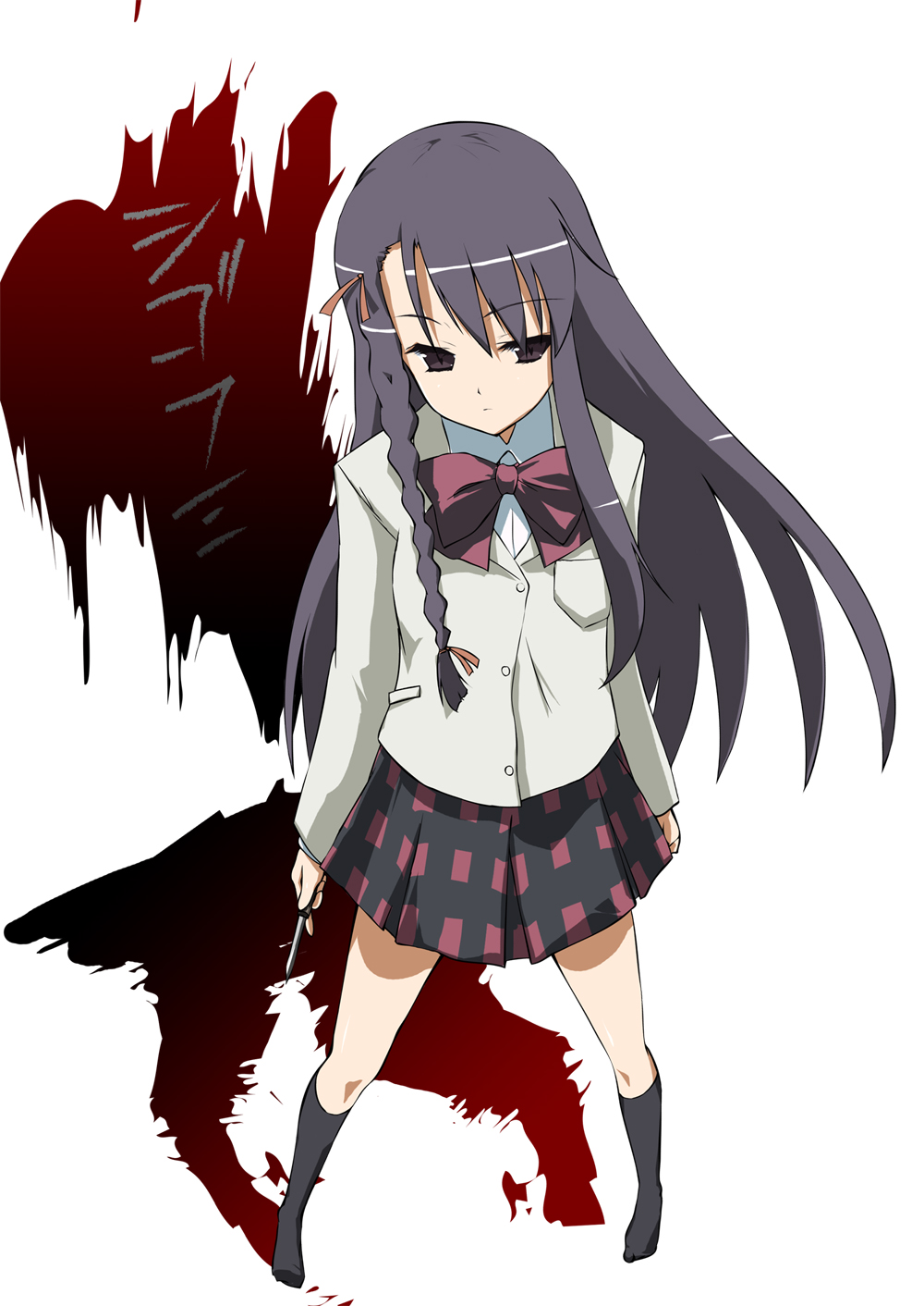 00s, 1girl, ayase_asuna, black_hair, blood, bow, braid, brown_eyes, female_focus, full_body, hair_ribbon, highres, knife, long_hair, minase_shuu, plaid_clothes, plaid_skirt, pleated_skirt, ribbon, school_uniform, shigofumi, skirt, solo, white_background
